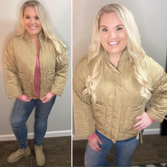 Khaki Zip Up Quilted Jacket with Front Pockets