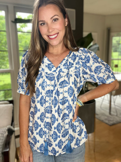 Blue and White Geometric Print Tassel Drawstring V Neck Blouse
