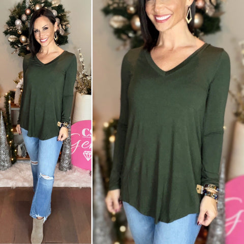 ARMY GREEN LUXE RAYON LONG SLEEVE V-NECK DOLPHIN HEM TOP
