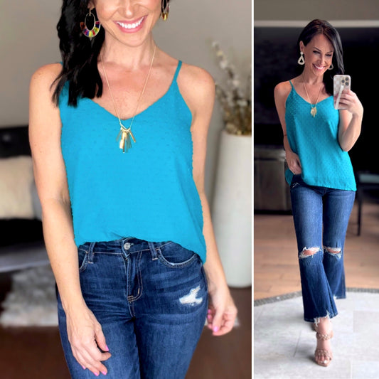 LIGHT TEAL SWISS DOT ADJUSTABLE STRAP V-NECK CAMI TOP