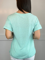 MINT V-NECK BAND AND HEM HEATHERED TOP