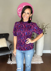 Pink/Blue Round Neck Ruffle Print Short-Sleeved Top