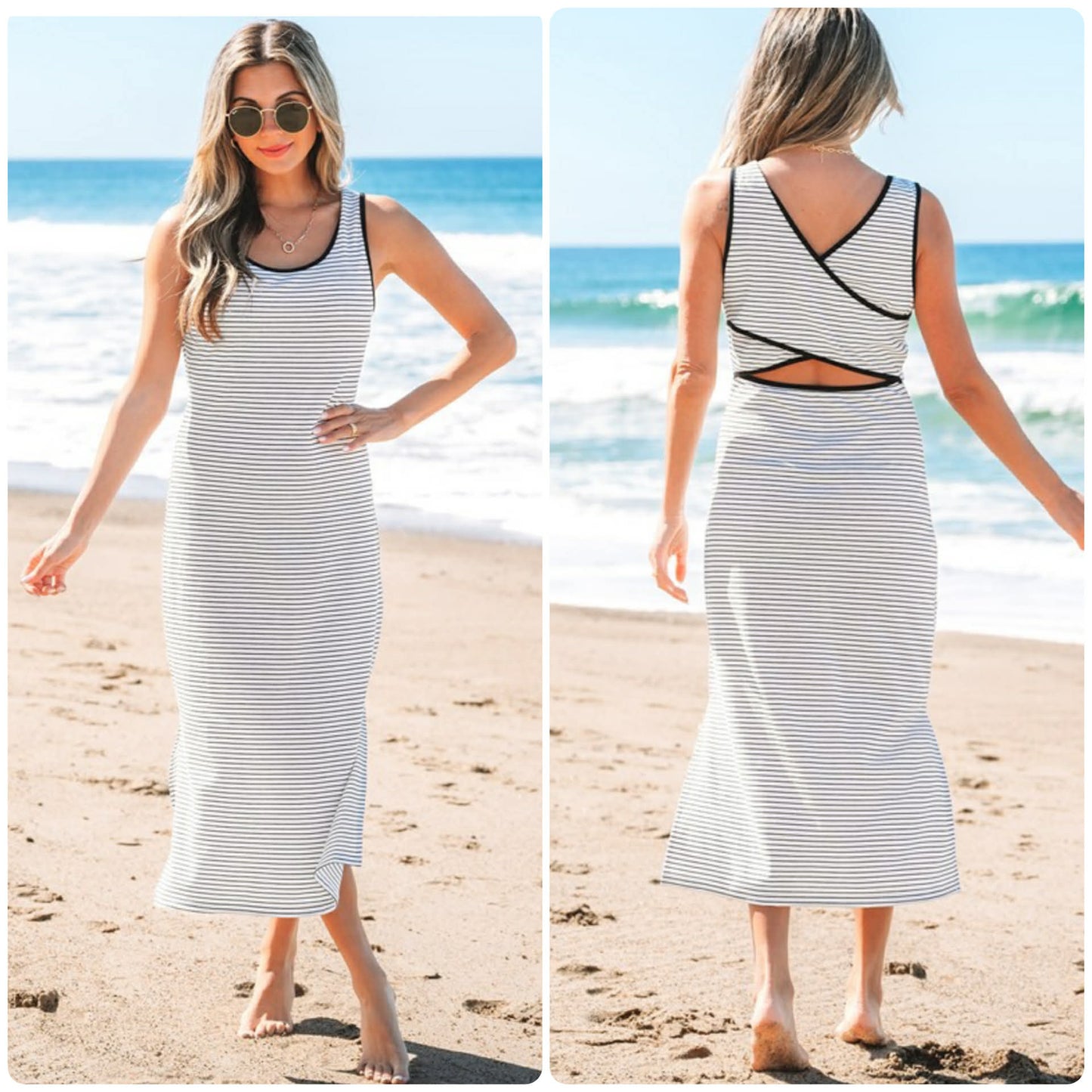 Black & White Stripe Criss Cross Side Slits Slim Fit Midi Dress