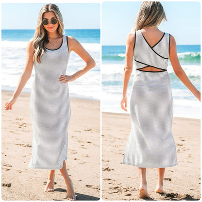Black & White Stripe Criss Cross Side Slits Slim Fit Midi Dress