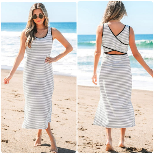 Black & White Stripe Criss Cross Side Slits Slim Fit Midi Dress