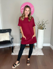 Red Side Pockets Short Sleeve Tunic Top