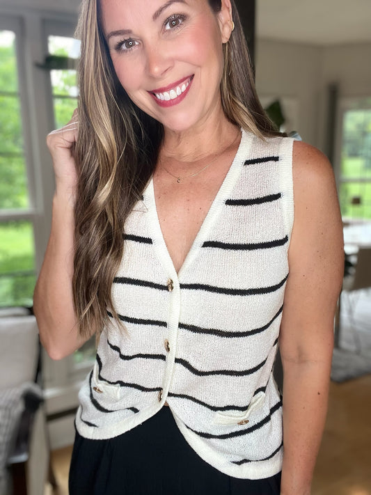 Black & White Stripe Buttoned V Neck Slim Fit Knit Vest