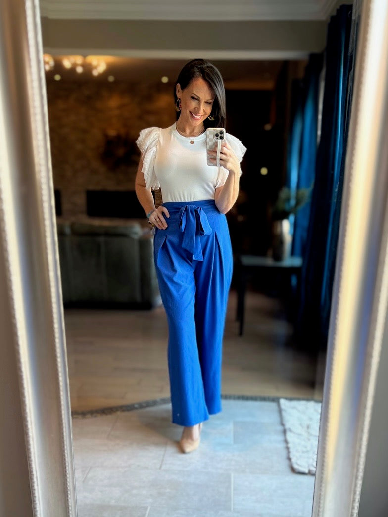 Bright Blue Solid Waist Tie Palazzo Pants