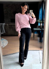 BLUSH Striped Texture Knitted Bishop Sleeve Top