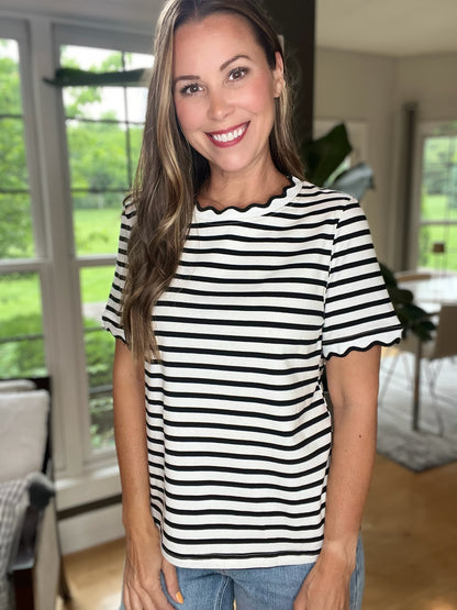 Black & White Stripe Scalloped Trim Round Neck Top