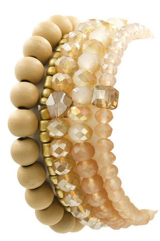 Beige Faceted bead/wood bead stretch bracelet set