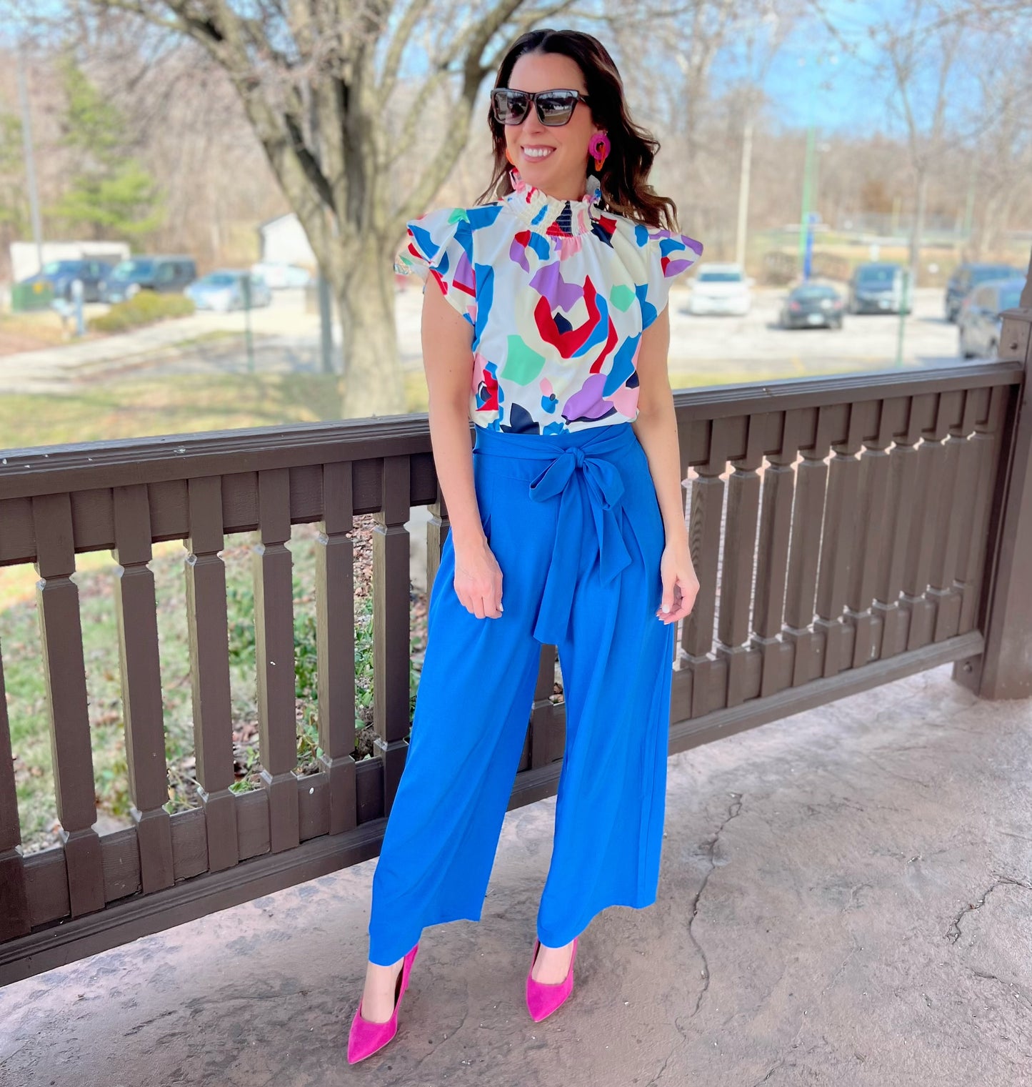 Bright Blue Solid Waist Tie Palazzo Pants