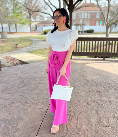 White Dotted Ruffle Sleeve Ribbed Knit Top