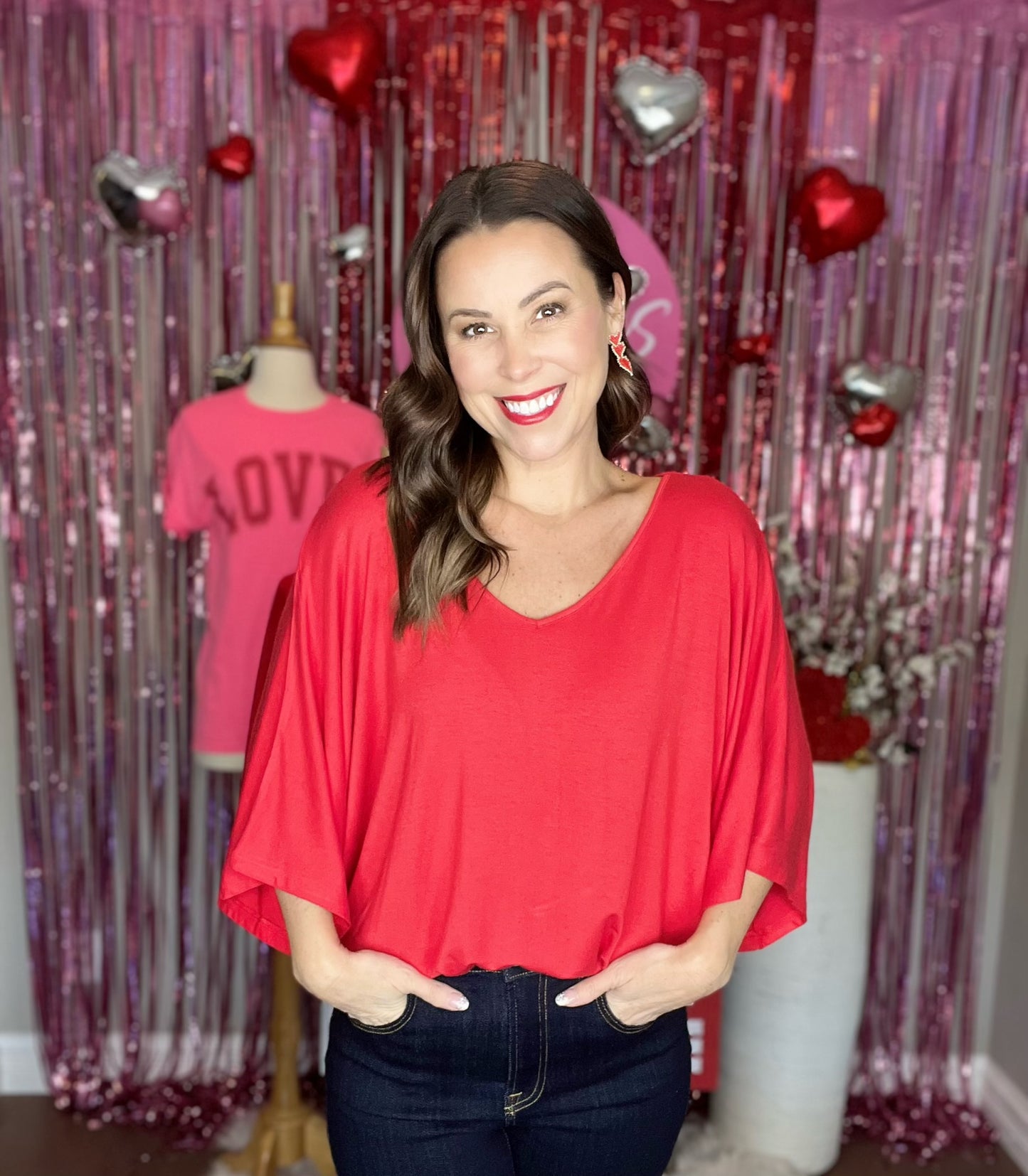 Red V Neck High Low Batwing Dolman Top