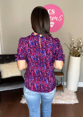 Pink/Blue Round Neck Ruffle Print Short-Sleeved Top
