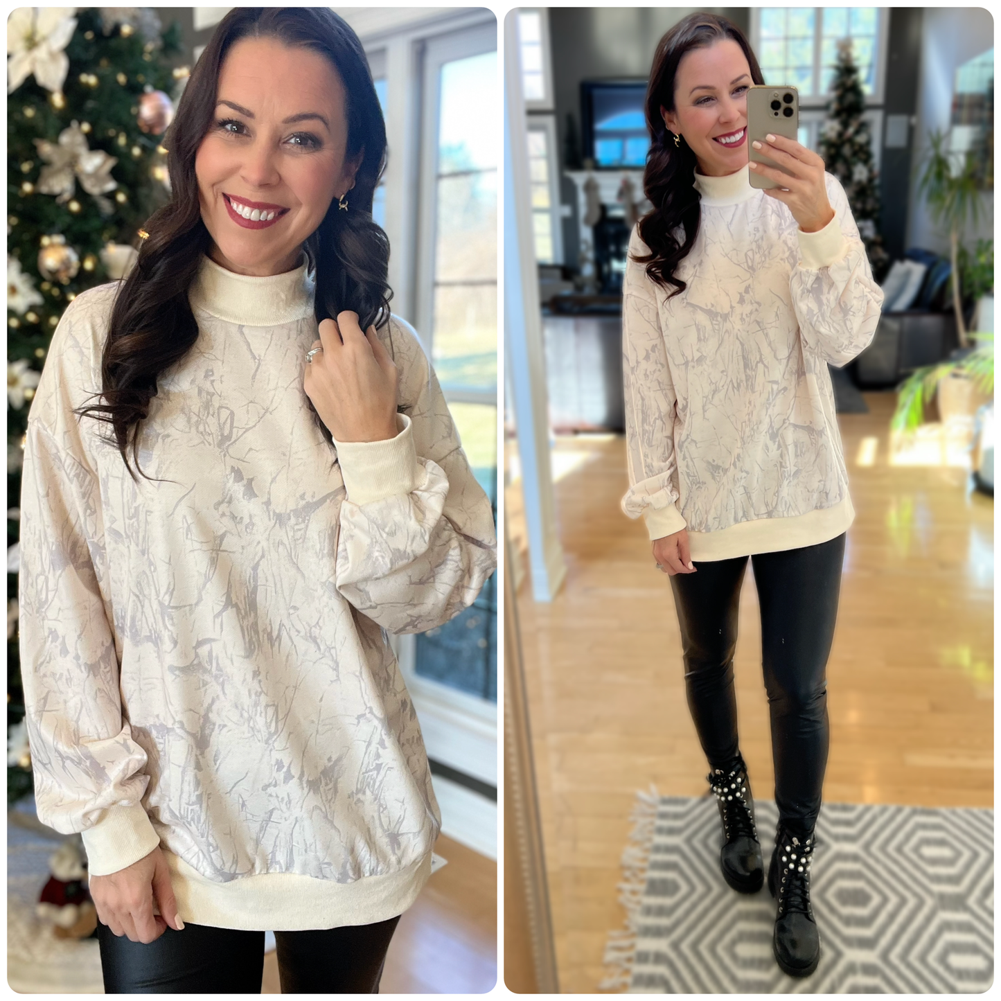 Beige Camo Mock Neck Baggy Sweatshirt