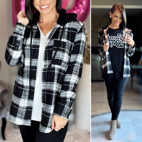 Black Plaid Flannel Button Up Shacket with Hood