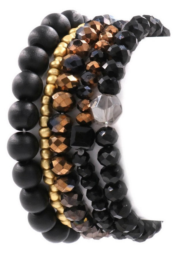 Gold/Black Faceted bead/wood bead stretch bracelet set