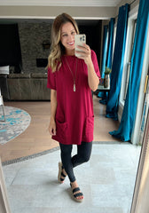 Red Side Pockets Short Sleeve Tunic Top