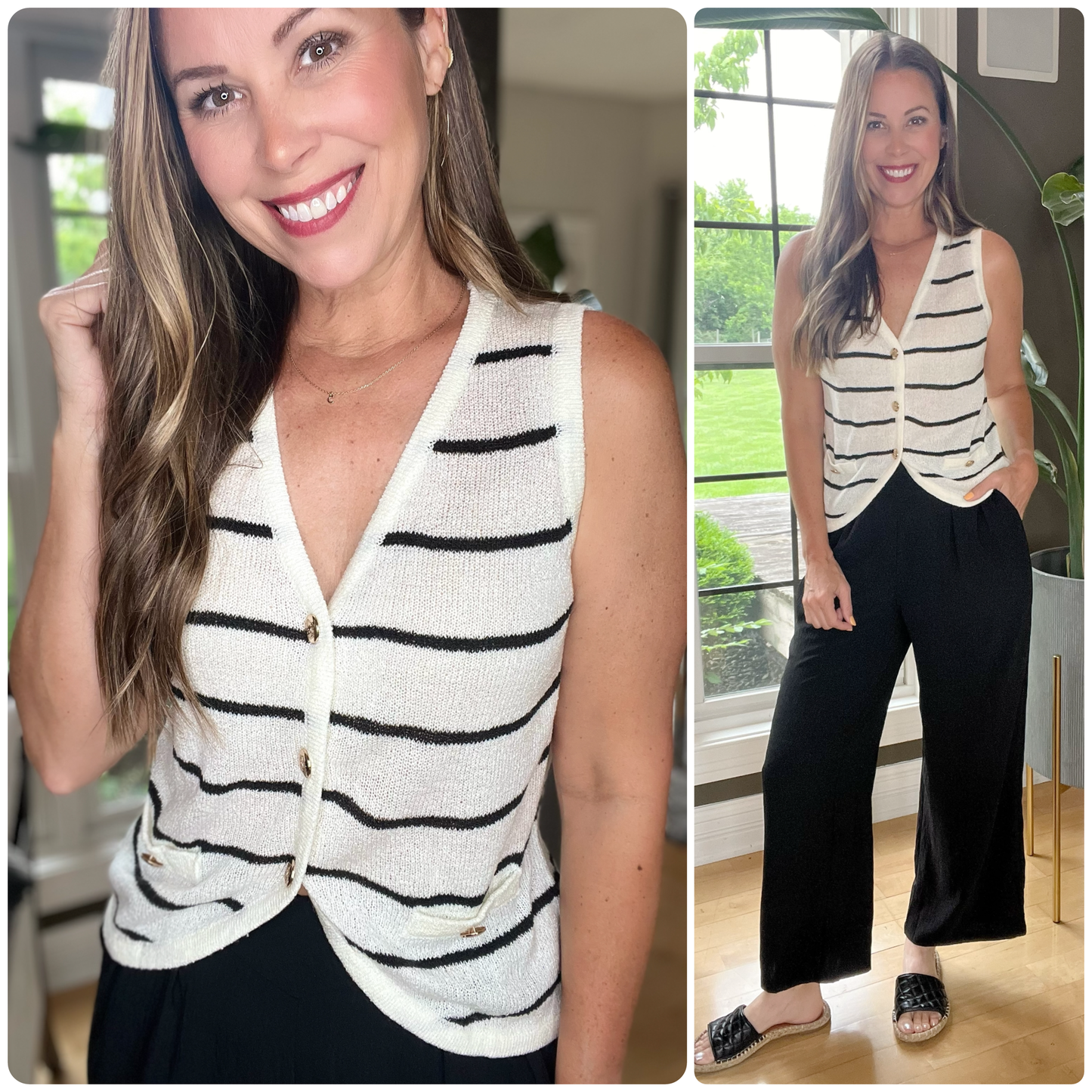 Black & White Stripe Buttoned V Neck Slim Fit Knit Vest