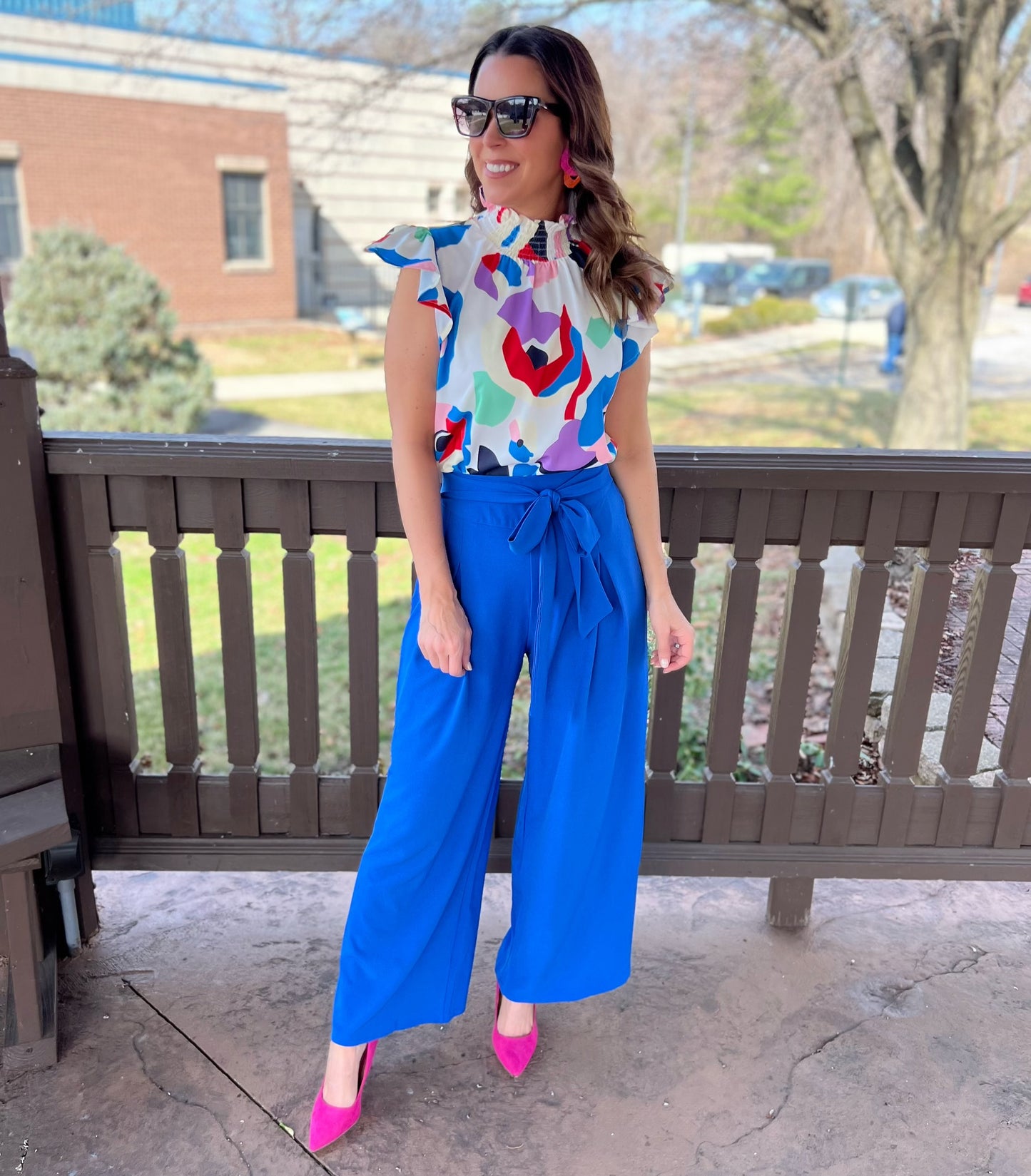 Bright Blue Solid Waist Tie Palazzo Pants