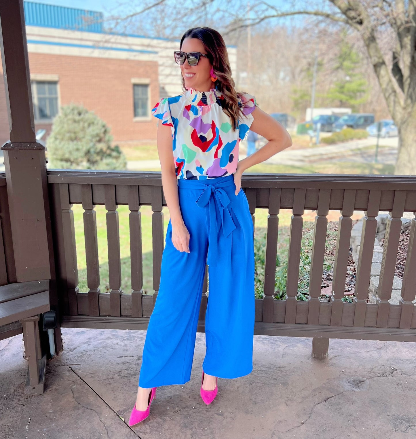 Bright Blue Solid Waist Tie Palazzo Pants