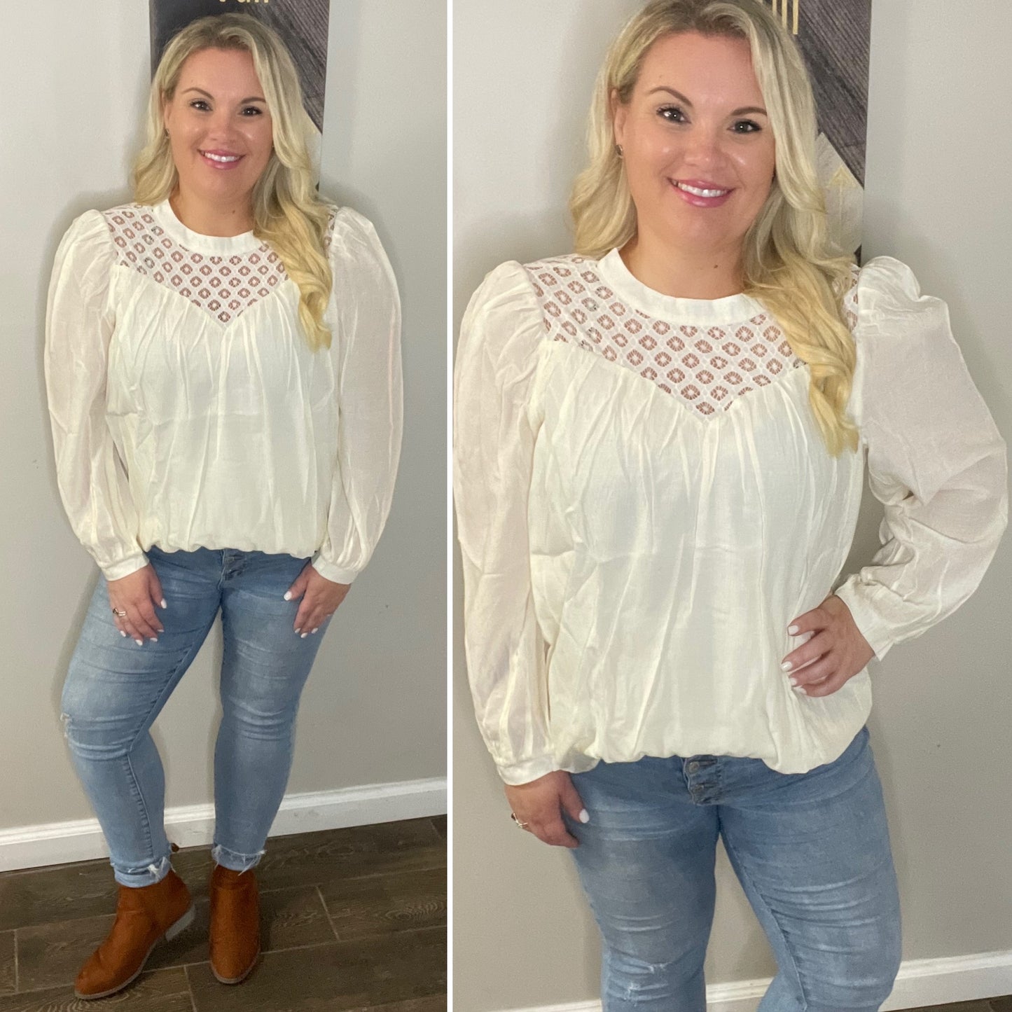 Crochet Lace Textured Balloon Sleeve Blouse