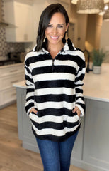 Black Striped Faux Fur Pullover Jacket
