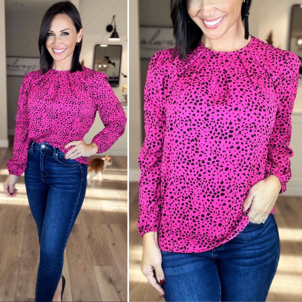 Rose Leopard Pleated Long Sleeve Blouse