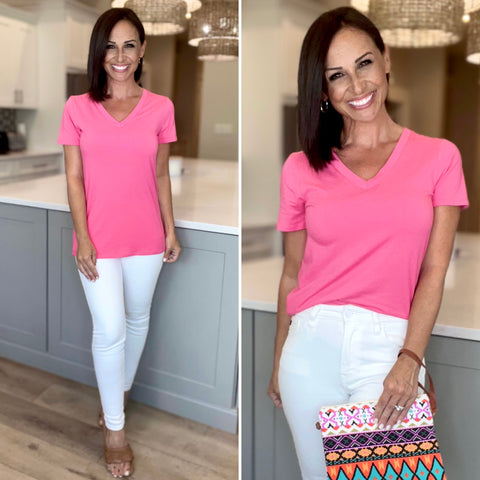 PINK LEMONADE V-Neck Short Sleeve Fitted Top