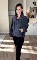 Charcoal Faux Fur Solid Long Sleeve Front Button Down Top