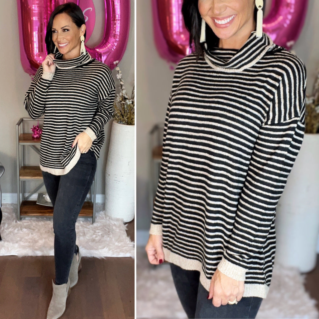 Black/Oatmeal Stripe Turtleneck Long Sleeve Sweater