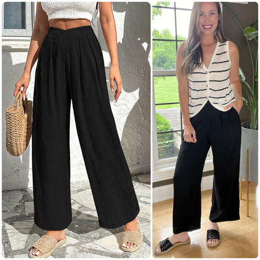 Black Textured Crossed Waist Loose Pants