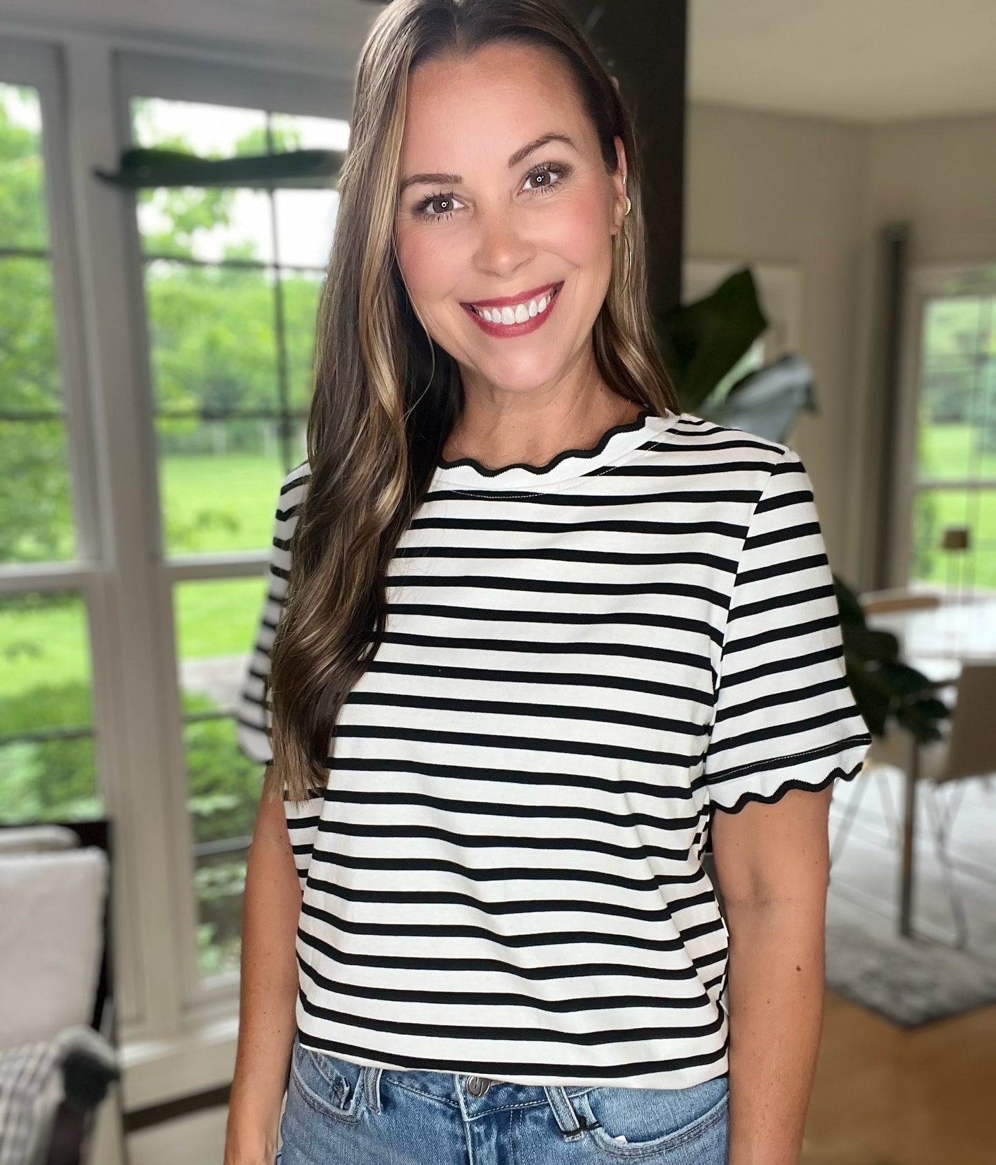 Black & White Stripe Scalloped Trim Round Neck Top