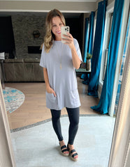 Grey Side Pockets Short Sleeve Tunic Top