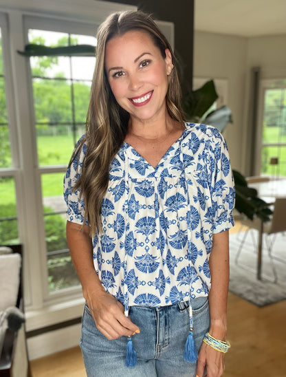 Blue and White Geometric Print Tassel Drawstring V Neck Blouse