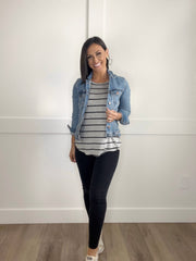 HEATHER GREY and BLACK STRIPES ROUND HEM TOP