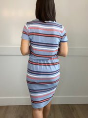 BLUE AND CORAL RED STRIPE ELASTIC WAIST DRESS
