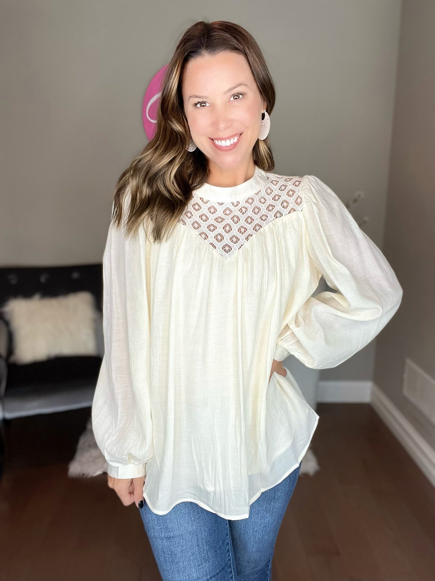 Crochet Lace Textured Balloon Sleeve Blouse