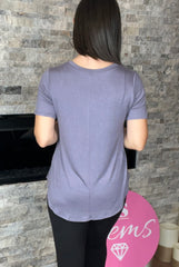 Grey Basic Short Sleeve V Neck Top With Round Hem