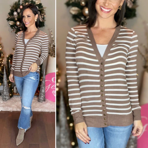MOCHA/IVORY STRIPED SNAP BUTTON CARDIGAN