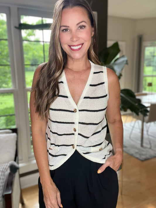 Black & White Stripe Buttoned V Neck Slim Fit Knit Vest