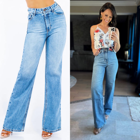 Double Stone HIGH WAIST LIGHT WASH WIDE-LEG JEANS