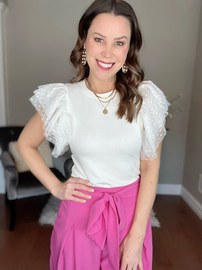 White Dotted Ruffle Sleeve Ribbed Knit Top