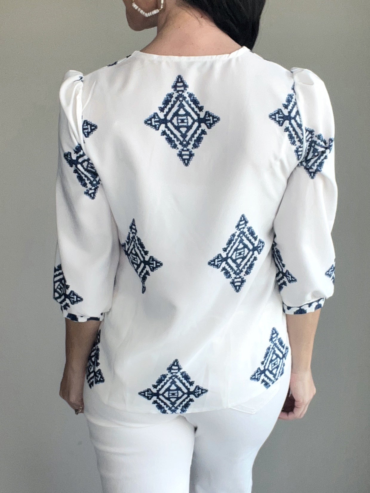 White and Blue V Neck Printed Loose Fit Blouse