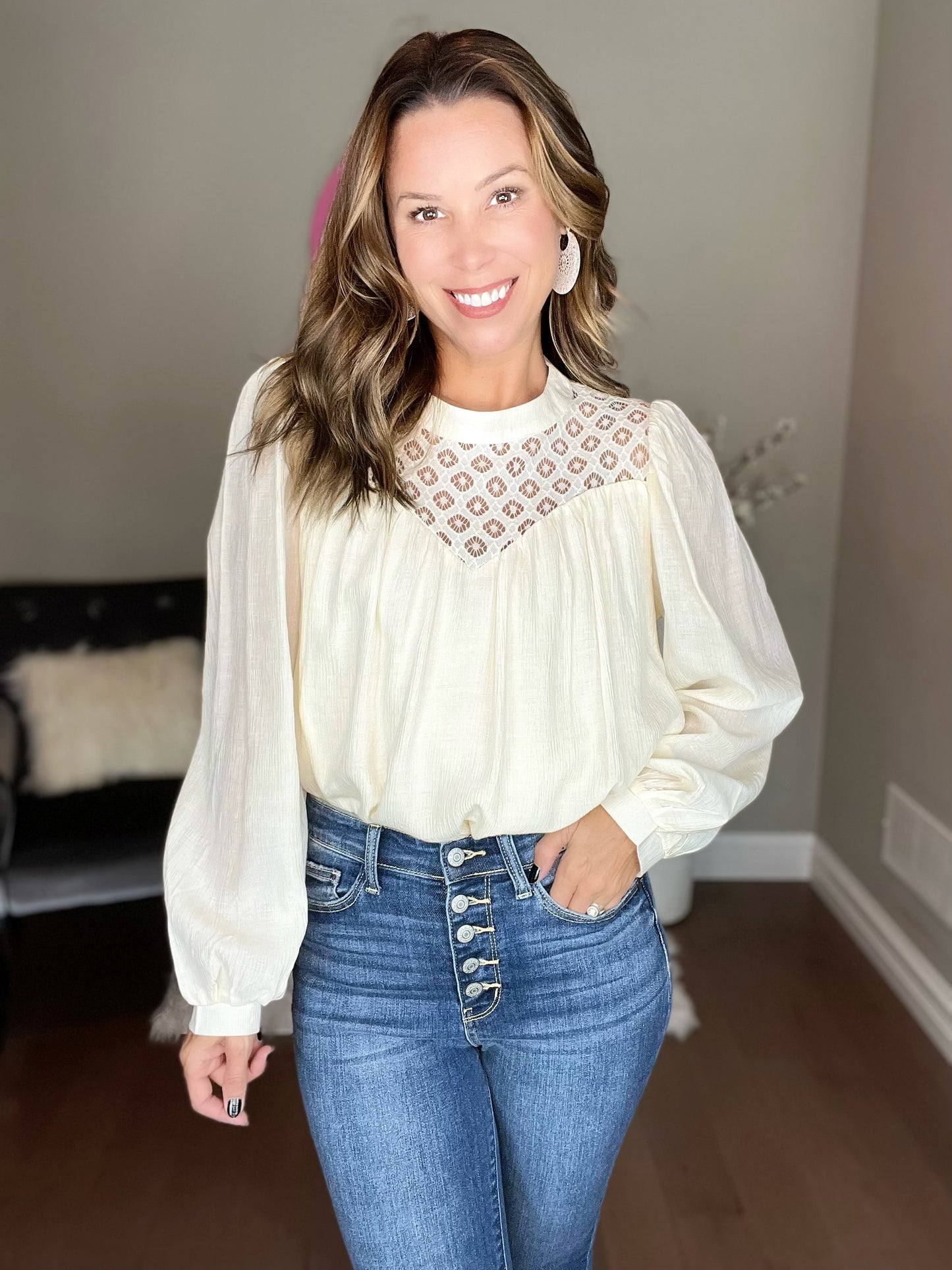 Crochet Lace Textured Balloon Sleeve Blouse