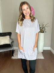 Grey Side Pockets Short Sleeve Tunic Top