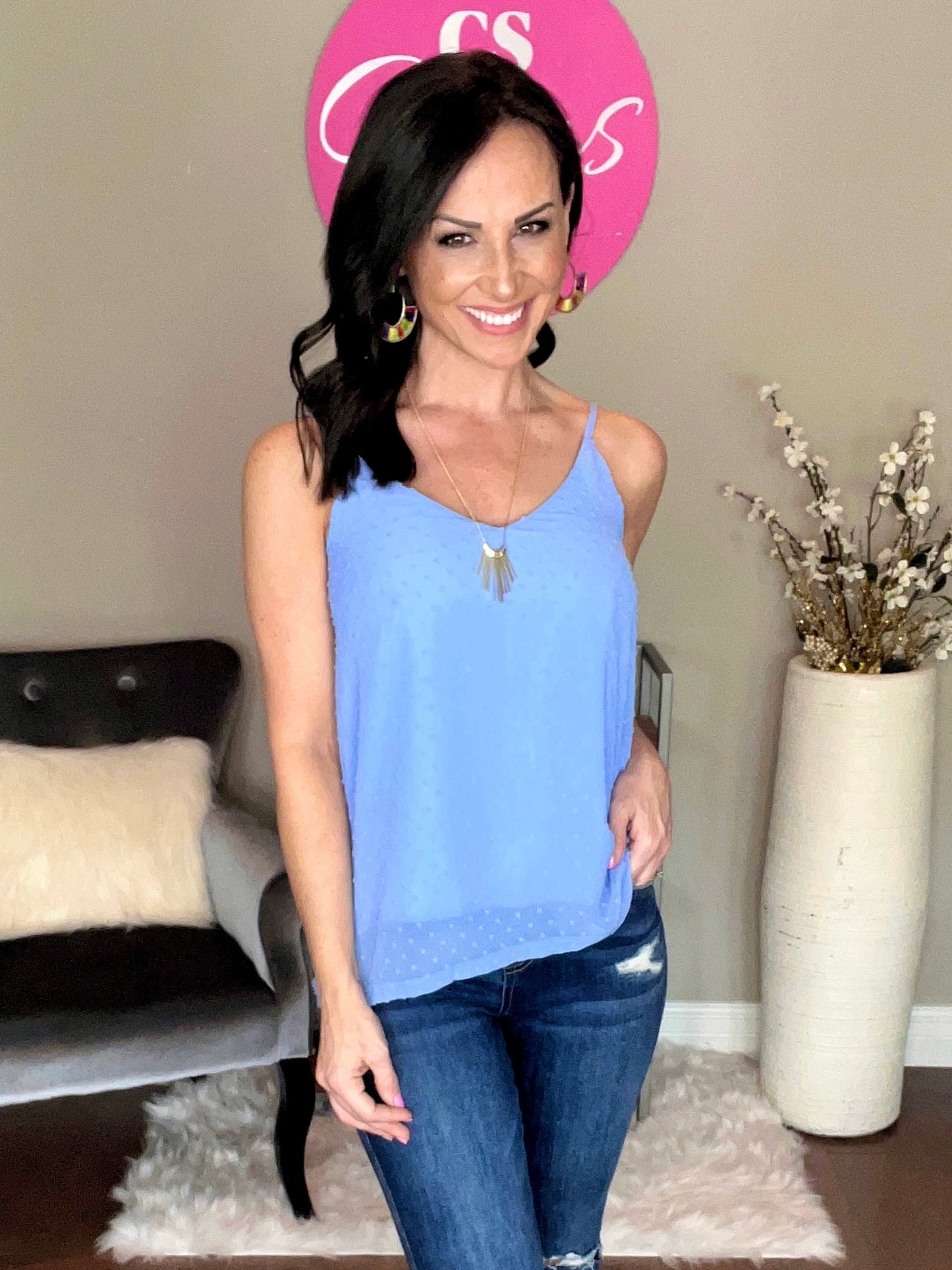 SPRING BLUE SWISS DOT ADJUSTABLE STRAP V-NECK CAMI TOP