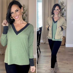 Olive Contrast V Neck Button Cuffed Long Sleeve Top