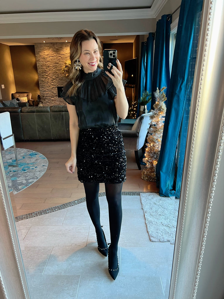 BLACK SHEER MOCK NECK SWEET HEART WOVEN TOP CS Gems